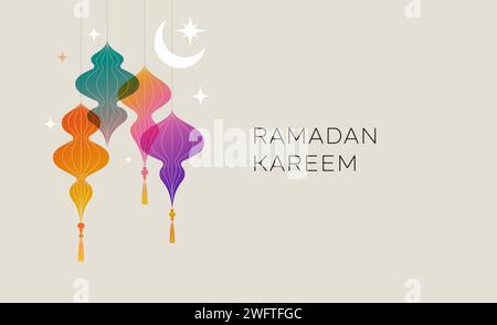 Kollektion moderner Ramadan Mubarak farbenfroher Designs. Grußkarte, Hintergrund. Fenster und Bögen mit Mond, Moschee Kuppel und Laternen Stock Vektor
