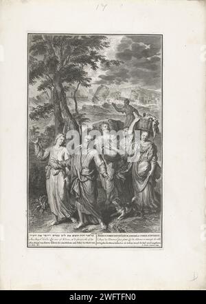 Flucht aus Lot aus Sodom, Gilliam van der Gouwen, nach Gerard Hoet (I), 1728 Print Lot flüchtet aus Sodom mit seinen drei Töchtern, begleitet von einem Engel. Im Hintergrund der brennende sodom und die Frau von Lot als Salzsäule. (Gen. 19: 15-26). Der Druck hat hebräische, lateinische, französische, englische, deutsche und niederländische Untertitel. Druckerei: Amsterdamverleger: Der Haager Papierstich / Gravur der Zerstörung von Sodom und Gomorra: Lot und seine Familie fliehen nach Zoar und tragen ihre Habseligkeiten; ein Engel könnte den Weg zeigen (1. Mose 19,24-29) Stockfoto