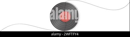Schallplatten-Audioaufzeichnung mit kontinuierlicher Linienzeichnung. Vintage-LP-Scheibe, gezeichnet in einzeiliger Art. Vektorabbildung Stock Vektor