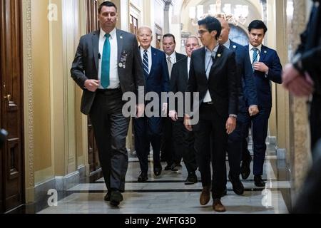 Washington, USA. Februar 2024. Präsident Joe Biden kommt am Donnerstag, den 1. Februar, zum National Prayer Breakfast in Washington, DC, im Kapitol der USA an. 2024. (Graeme Sloan/SIPA USA) Credit: SIPA USA/Alamy Live News Stockfoto