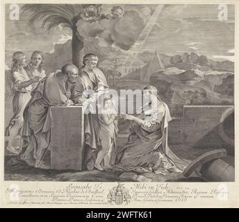 Heirat der Heiligen Katharina, Michel Natalis, nach Sébastien Bourdon, 1644–1668 drucken die mystische Heirat der Heiligen Katharina von Alexandria mit dem Christkind in Gegenwart von Joseph und Maria und zwei Engeln. Catharina kniet für Christus, der einen Ring um sie gleitet. Auf dem Boden neben Catharina befinden sich ihre Attribute: Ein Palmenzweig, ein geöffnetes Buch und das Fragment eines Rades. Im Hintergrund eine Landschaft mit Gebäuden. Zwei Putten auf einer Wolke, von denen einer Palmblätter ist. Paris Papier, das die mystische Hochzeit des Heiligen graviert Katharina von Alexandrien mit dem Kindlein Christus: Das Christkind setzt ein Stockfoto