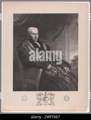 Porträt von Gijsbert Karel van Hogendorp, Coenraad Hamburger, 1837 Druck die dargestellte Person sitzt am Fenster und trägt eine lange Jacke mit Pelz. Unter dem Porträt befinden sich das Familienwappen und die Vorder- und Rückseite einer Gedenkmedaille. Papier. Historische Personen (+ Dreiviertelporträt). Fenster – Sitz. Waffenlager, Heraldik Stockfoto