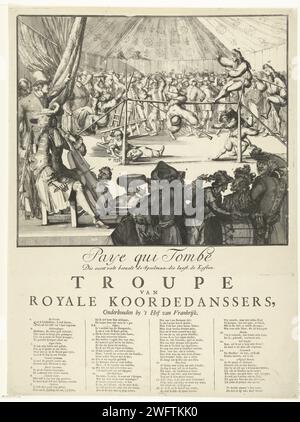 Cartoon auf Jacobus II. Und Lodewijk XIV. Als Cordtänzer, 1689, Romeyn de Hooghe (zugeschrieben), nach Romeyn de Hooghe, 1689 Print Cartoon auf Jacobus II. Und Lodewijk XIV als Cordtänzer, 1689. Auf einem Festplatz fallen Jacobus II. Und seine Frau Maria van Modena mit einem Kind aus der Schnur. Auf der rechten Seite sind Ludwig XIV. Und sein Sohn de Dauphin bereit, auf die Schnur zu gehen. Im Vordergrund die Musiker, in denen Willem III. (Links auf der Bühne) die erste Geige spielt, hinter ihm ein niederländischer Seemann. Unter der Abbildung ist ein Vers in 4 Spalten mit einer Aussage der Zahlen 1-22 in Niederländisch gezeigt. Niederlande Papierätzung Stockfoto