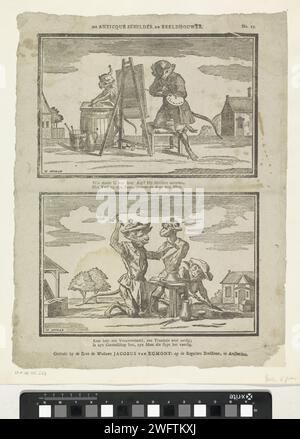Der antike Maler und Bildhauer, 1761 - 1804 Blatt mit 2 Shows. Oben: Ein Affe, der Farbe auf einem großen Holzfass macht, und ein Affe, der mit Palette und Pinseln hinter einer Staffelei mit Tuch malt. Unten: Zwei Affen Skulpturen. Beide Aufführungen finden unter freiem Himmel statt, mit Gebäuden im Hintergrund. Unter jeder Aufführung eine zwei-Wege-Strophe. Nummer oben rechts: Nr. 17. Amsterdam Papier Buchdruck Affen, Affen. Tiere, die als Menschen wirken. Malerei  Angewandte Kunst. Bildhauer bei der Arbeit. Maler, der Farben vorbereitet - CC - außerhalb der Türen Stockfoto