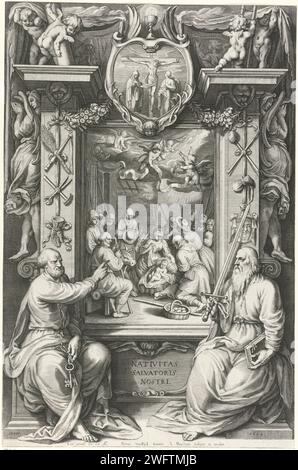 Geburt Christi, mit Petrus und Paulus, Jacob Matham, nach Pieter Cornelisz. Van Rijck, 1604 drucken die Geburt Christi mit kniendem Hirten in einem dekorativen architektonischen Rahmen, auf dem die Passionswerkzeuge auf beiden Seiten stehen. Darüber in einer Kartusche ein Bild der Kreuzigung. Im Vordergrund auf beiden Seiten des Rahmens de Apostel Petrus mit seinen Schlüsseln und der Apostel Paulus mit seinem Schwert und Buch. Haarlemer Papierstich Maria, Joseph und der neugeborene Christus (Geburt). Anbetung des Christuskindes durch die Hirten; Maria und Josef sind anwesend. Der Apostel Peter, erster Bischof von Rom; possib Stockfoto
