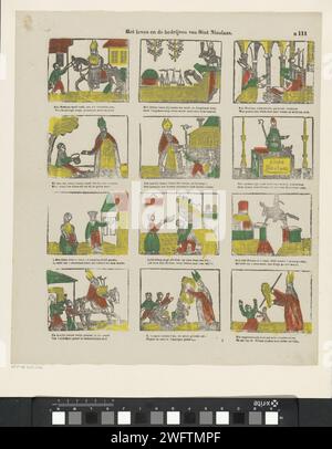 Das Leben und die Kompanien der Sint Nicolaas, 1856 - 1900 Druckblatt mit 12 Aufführungen über das Leben der Sint Nicolaas. Unter jedem Bild ein zwei-Wege-Vers. Rechts oben nummeriert: N 111. Turnwood Papier Buchdruck Festlichkeiten auf St. Nicholas (Eva) (5. Dezember). Der Bischof Nikolaus von Myra (oder Bari); mögliche Attribute: Anker, Boot, drei goldene Kugeln (auf einem Buch), drei Geldbörsen, drei Kinder in einer Badewanne, drei Mädchen Stockfoto