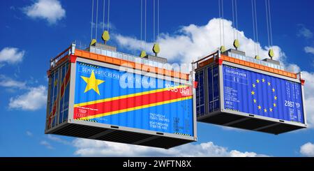 Versandcontainer mit Flaggen der Demokratischen Republik Kongo und der EU – 3D-Illustration Stockfoto