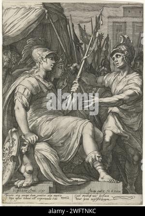 Minerva umgeben von Kriegern, Jacob Goltzius (II), nach Hendrick Goltzius, 1597 Druck die Göttin Minerva in Rüstung sitzt auf einem Thron. Um ihre Soldaten herum. Der Druck hat eine lateinische und niederländische Unterschrift mit einem weisen Spruch. Papierstich (Geschichte von) Minerva (Pallas, Athena). Privatsoldat. Sprüche, Sprüche usw. Stockfoto