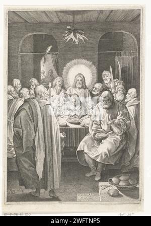 Letztes Abendmahl, Nicolaes de Bruyn, 1618 Druck Christus verwendet das letzte Abendmahl mit seinen Jüngern. Niederlande Papierstich Letztes Abendmahl (im Allgemeinen) (Matthäus 26:21-35; Markus 14:18-31; Lukas 22:3, 22:15-23; Johannes 13:21-38) Stockfoto