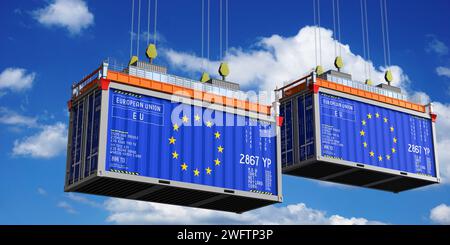 Zwei Versandbehälter mit Flaggen Europäische Union – 3D-Abbildung Stockfoto