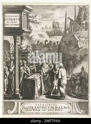 Zusammenstellung von Szenen aus der jüdischen Geschichte, Johannes Jacobsz van den Aveele, 1686 Druck verschiedene Szenen aus der jüdischen Geschichte werden kombiniert. Man sieht den Fall Adams und Evas, das Opfer Abrahams, Mose empfängt die Steintafeln auf dem Berg Sinai, den Bau des Tempels von Salomon, eine Parade mit der Arche des Vereins und dem Goldenen Kerzenleuchter und einer Gruppe jüdischer Gelehrter, die über einen Thorattext streiten. Utrecht Papier, das die Handwerker in den Steinbrüchen graviert  Tempel des Salomon. Der siebenarmige Kerzenleuchter  Tempel von Salomon. Die Bundeslade wird in den Tempel gebracht. Stockfoto