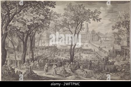 Feiern Sie im Garten eines Palastes, Nicolaes de Bruyn, nach David Vinckboons, 1604 drucken Sie Einen Garten mit einem großen Palast im Hintergrund. Im Garten wird eine Party von einer Gruppe von Höflingen gefeiert. Sie essen, tanzen und es wird Musik gespielt. Es gibt überall verliebte Paare. Im Hintergrund findet ein Turnier auf dem Wasser statt. Antwerpener Garten mit Papiergravur. palast. Private Feste, fröhliche Gesellschaft - AA - im Freien, 'fÃªte champÃªtre'. Bankett in eleganter Gesellschaft. Wald und Park (als Erholungsorte) Stockfoto