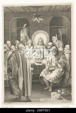 Letztes Abendmahl, Nicolaes de Bruyn, 1618 Druck Christus verwendet das letzte Abendmahl mit seinen Jüngern. Niederlande Papierstich Letztes Abendmahl (im Allgemeinen) (Matthäus 26:21-35; Markus 14:18-31; Lukas 22:3, 22:15-23; Johannes 13:21-38) Stockfoto