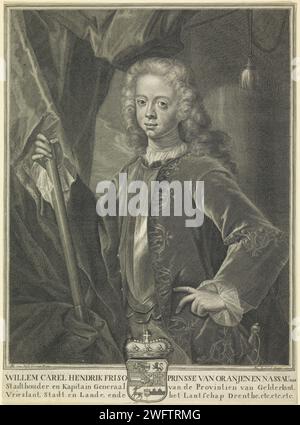Porträt von Wilhelm IV., Prinz von Oranje-Nassau, Philippus endlich, nach Philip van Dijk, 1731–1748 Druck Porträt von Wilhelm IV Ein Kommandosta in seiner rechten Hand. In der Mitte seiner Waffe mit einer Krone. Am unteren Rand befinden sich Name und Titel. Amsterdamer Papiergravur/Ätzung Stockfoto
