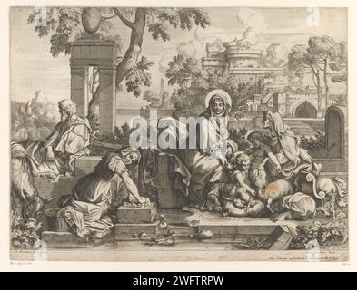 Heilige Familie in de Wasplaats mit Elizabeth und Johannes de Boper, Sébastien Bourdon, 1626 - 1671 Druck Paris Papiergravur / Gravur Heilige Familie mit Johannes dem Täufer, Elisabeth anwesend Stockfoto