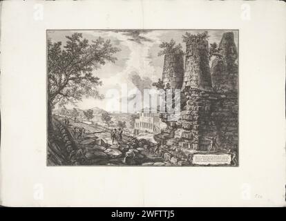 Graftombe aan de Via Appia Antica bij Albano, Giovanni Battista Piranesi, 1764 Print Ansicht der Überreste eines Grabes (auf Druck Tombe van de Horatii und die Curiatii) auf der Via Appia Antica bei Albano. Titel auf Block unten rechts. Oben links nummeriert: V. Rom Grabbeize aus Papier, Grabmal. Blick auf die Stadt und Landschaft mit künstlichen Bauten. Landschaft mit Ruinen. Ruine eines Gebäudes  Architektur Albano. Via Appia Antica Stockfoto