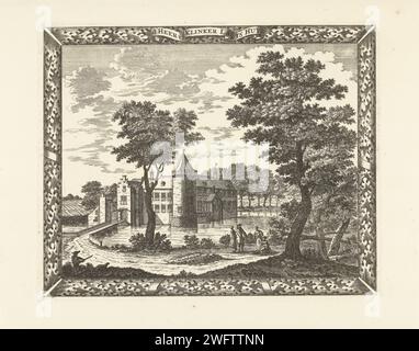 Blick auf Huis in Blotinghe in Rijswijk, Cornelis Elandts, 1681 - 1728 Print Blick auf Huis in Blotinghe in Rijswijk, mit Wassergraben und Brücke. Im Vordergrund stehen hohe Bäume, ein Jäger mit Hund und eine Gruppe von vier Personen, von denen einer an einem Korb kniet. Die Show wird von einer Banderole mit Eichenblattmotiven und einer Banderole mit dem Titel umrahmt. Diese Burg wurde zwischen 1590 und 1715 von Mitgliedern der Familie de Nobelaer bewohnt, von denen einige den Titel Lord van Klinkland trugen. Die Haager Papiergravur Landschaft mit Turm oder Burg. Castle House in Blotinghe Stockfoto