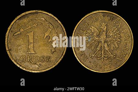 Ein Nahfoto eines polnischen Zloty, eine Grosz-Münze Stockfoto