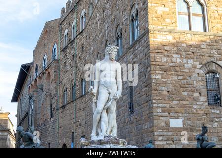 Die Statue des Neptun, der Biancone, mit dem Palazzo Vecchio im Hintergrund Piazza della Signoria in Florenz, Italien Stockfoto