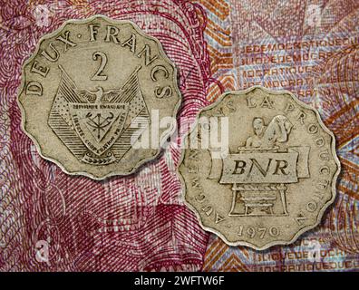 Eine Nahaufnahme von 2 Francs Münze, Geld von Ruanda Stockfoto