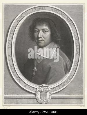 Portret van Charles-Maurice Le Tellier, Robert Nanteuil, 1670 Druck Porträt von Charles-Maurice le Tellier als Erzbischof, in einem ovalen Rahmen mit Text. Am Ende eines Wappens. Frankreich Papiergravur Stockfoto