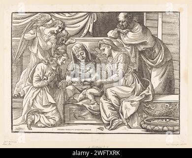 Mystische Heirat der Heiligen Katharina, Tizian, Nicolò Boldrini (zugeschrieben), ca. 1540 Druck Maria hält das Christuskind, während er einen Ring um den Finger der Heiligen Katharina gleitet, die vor ihm kniet. Auf der linken Seite zwei anbetende Engel und Joseph auf der rechten Seite. In der Mitte eine ältere Frau, vielleicht die heilige Anna. Printmacher: VeniceItalien Papier die mystische Hochzeit von St. Katharina von Alexandrien mit dem Kleinkind Christus: Das Christkind legt einen Ring an ihren Finger. Der Pflegevater Christi, Joseph von Nazareth, Ehemann Mariens; mögliche Attribute: Blütenstab oder Stab, Lilie, Zimmermannswerkzeug Stockfoto