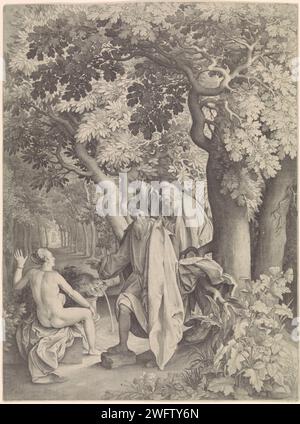 Susanna und die Ältesten Nicolaes de Bruyn drucken Susanna 1629 an einem Brunnen im Wald. Sie wird beim Baden von zwei Ältesten ausspioniert. Rotterdam-Papier, das die Ältesten graviert, die auf Susanna zuvorrücken Stockfoto