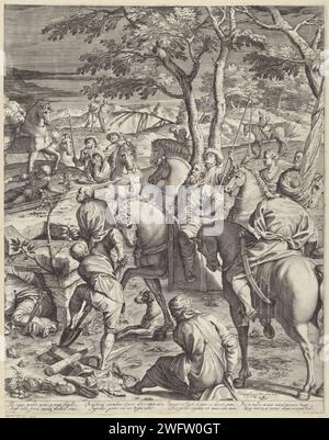 Kreuzigung Christi (rechter Teil), Agostino Carracci, nach Jacopo Tintoretto, 1589 Print Cross-Killing of Christ on Golgota. Christus hängt am Kreuz, die beiden Verbrecher werden links und rechts von ihm gekreuzigt. Longinus ist dabei, seine Lanze in die Seite Christi zu legen. Eine Gruppe Männer auf Pferden und Esel beobachten. Die Maria und Johannes trauern unter dem Kreuz. Lateinischer Text in STUDMARGE. Druckerei: Italien Gemälde von: Venicepublisher: VeniceVeniceItalien Papier Gravur der Kreuzigung Christi: Christi Tod am Kreuz; Golgatha (Matthäus 27:45-58; Markus 15:33-45; Lukas 23:44-52; Johannes 19 Stockfoto