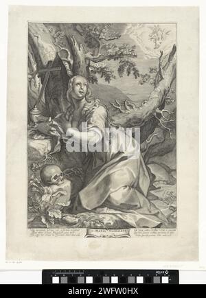 Boetish H. Maria Magdalena, Anonym, nach Willem Isaacsz. Van Swanenburg, nach Abraham Bloemaert, 1626–1676 Druck Maria Magdalena kniet mit einem Baum. Sie hält ein offenes Buch. Vor ihr steht ein Salbentopf und ein Kreuz. Da ist ein Schädel mit ihrem Knie. Ihr Aufstieg wird in der Distanz angezeigt. Unter der Aufführung befindet sich ein lateinischer sechszeiliger Text, in dem auf das Gleichnis zwischen Maria Magdalena und Venus Bezug genommen wird. Druckerei: Niederländischer Druck von: LeidenAfter Design von: UtrechtVerlag: Antwerpen Papierstich weiblicher Heiliger (MARIA MAGDALEN) - Porträt weiblicher heiliger. Die Assua Stockfoto