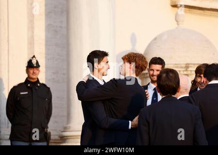 Roma, Italien. Februar 2024. Foto Cecilia Fabiano/LaPresse 01 Febbraio 2024 Roma, Italia - Cronaca - Sergio Mattarella riceve al Quirinale la nazionale italiana maschile di Tennis vincitrice della Coppa Davis Nella foto: Jannik Sinner, 01. Februar 2024 Roma, Italien - Präsident der Republik Sergio Mattarella empfängt die italienische Tennisnationalmannschaft der Männer, die den Davis Cup 2023 gewonnen hat, auf dem Foto: Jannik Sinner Credit: LaPresse/Alamy Live News Stockfoto