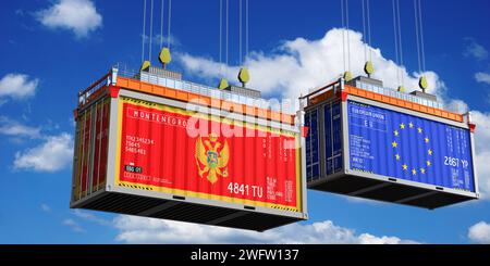 Versandcontainer mit Fahnen Montenegros und der Europäischen Union - 3D-Illustration Stockfoto