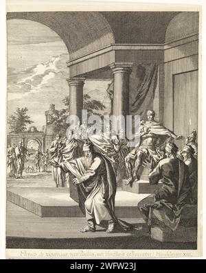 Paulus macht Elymas blind, Jan Luyken, 1708 Druck Amsterdamer Papier, das den Zauberer Elymas (Elymes, Bar-Jesus), der versucht, Paul und Barnabas am Reden zu hindern, wird von Paulus blind geschlagen Stockfoto