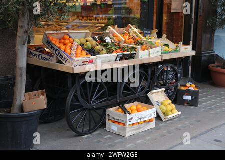 Verkaufsstände vor Andreas Gemüsehändlern mit Figs, Rhabarber, Trauben, Orangen und Tomaten Cale Street Chelsea London England Stockfoto