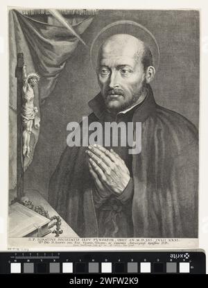 H. Ignatius van Loyola, Lucas Vorsterman (I), nach Peter Paul Rubens, 1621 Druck der heiligen Ignatius von Loyola im Gebet in einem Kruzifix. Antwerpener Papiergravur der persönlichen Hingabe des St. Ignatius von Loyola - männlicher heiliger, der in Ekstase meditiert. Kruzifix  persönliche Hingabe Stockfoto