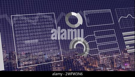 Bild der Binärcodierung und Verarbeitung von Finanzdaten über Stadt Stockfoto