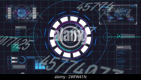 Bild des Scans des Oszilloskops und der Nummernänderung über Raster und Weltkarte im Hintergrund Stockfoto