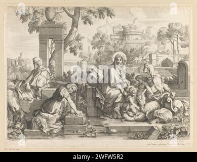 Heilige Familie in de Wasplaats mit Elizabeth und Johannes de Boper, Sébastien Bourdon, 1626 - 1671 Druckpapier Gravur Heilige Familie mit Johannes dem Täufer, Elisabeth anwesend Stockfoto