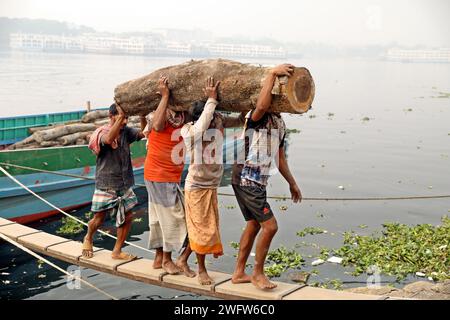 Dhaka, Wari, Bangladesch. Februar 2024. Arbeiter sortieren Holzscheite, die am 1. Februar 2024 von einem Boot am Ufer des Buriganga River in Dhaka entladen wurden. (Kreditbild: © Habibur Rahman/ZUMA Press Wire) NUR REDAKTIONELLE VERWENDUNG! Nicht für kommerzielle ZWECKE! Stockfoto