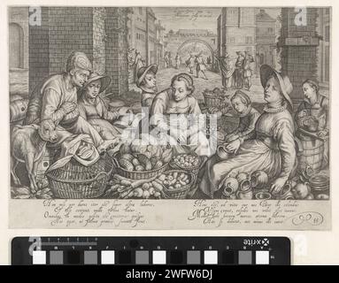 Marktstück mit dem Gleichnis von Herrn van de Wijngaard, 1603 drucken Eine Firma mit ausgestelltem Gemüse. Rechts eine Frau mit Töpfchen. Im Hintergrund die Arbeitnehmer, die auf dem Platz angesprochen werden: Eine Szene aus dem Gleichnis von Herrn Van Wijngaard (Matt. 20: 1-16). Drucken Sie aus einer Serie von fünf Drucken mit Küchen- und Marktstücken kombiniert mit biblischen Szenen im Hintergrund. Haarlemer-Papier, das die Arbeiter im Weinberg graviert  Gleichnis Christi (Matthäus 20,1-16). Markt. Lebensmittel; Stillleben von Lebensmitteln Stockfoto