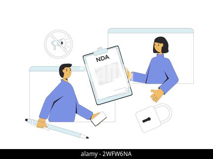 NDA-Konzept. Online-Unterzeichnung der Geheimhaltungsvereinbarung. Stellenangebot. Vertrag zwischen Arbeitnehmer und Arbeitgeber über Vertraulichkeit. Vektorabbildung. Stock Vektor