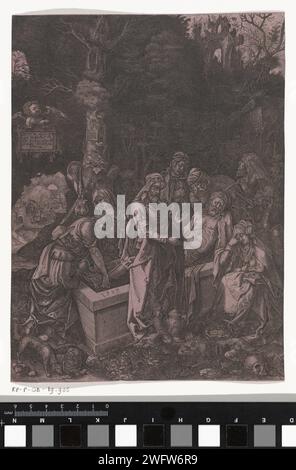 Graflegging van Christus, anonym, nach Albrecht Dürer, 1507–1578 Druck der Leichnam Christi wird von Nikodemus und Joseph von Arimatea unter einem Baum in einem Grab platziert. Die anderen Figuren um das Grab trauern. Die Dornenkrone befindet sich zu Marias Füßen. Ein Engel hält eine Kartusche mit lateinischem Text hoch. Nürnberger Papier mit Gravur Christi (evtl. von Engeln) Stockfoto