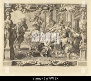 Achilles und die Töchter von Lykomedus, Franz Ertinger, nach Peter Paul Rubens, 1679 drucken die Töchter von König Lykomedus sind um einen Korb mit Wertsachen. Zusammen mit zwei Männern sehen sie überrascht aus, wie die Achilles als Frau verkleidet sind, die seine wahre Identität verrät, indem sie einen Helm aufstellt. Im Vordergrund zwei Karyatiden und ein doppeltes Horn des Überflusses. Antwerpener Papierätzer Achilles, der unter den Töchtern Lykomedes entdeckt wurde, d.h. Achilles auf Scyros: Wenn Geschenke gebracht werden, schnappt Achilles die Waffen und verrät damit seine Identität Stockfoto