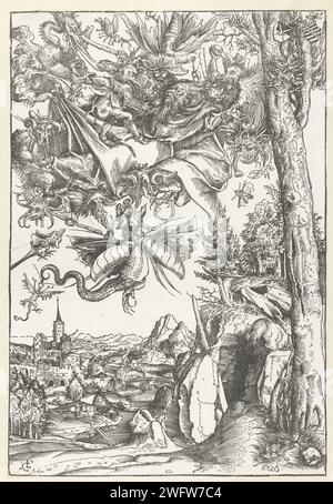 Antonius’ Versuchung mit Angriff durch Dämonen, Lucas Cranach (I), 1506 Druck der Heilige Antonius wird während seines Aufenthalts in der Wüste von Dämonen in einer Halluzination angegriffen. Er schwimmt in der Luft zwischen seltsamen Kreaturen, die aus allen Arten von tierischen Körperteilen zusammengesetzt zu sein scheinen. Unten rechts sehen Sie die Höhle des Antonius neben einem Baum und einen Blick auf eine Stadt auf einem Fluss in einer Landschaft. An der Spitze des Baumes befinden sich zwei Schilde mit dem kurfürstlichen und dem Herzoglichen Wapen van Sachsen. Deutschland Zeitung St.. Antony Abt wurde von Teufeln gequält, greift ihn auf dem Boden an oder trägt ihn in die Höhe Stockfoto