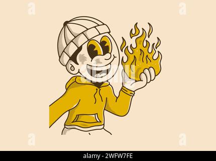 Retro-Illustration eines Beanie-Typen, der ein Feuer hält Stock Vektor