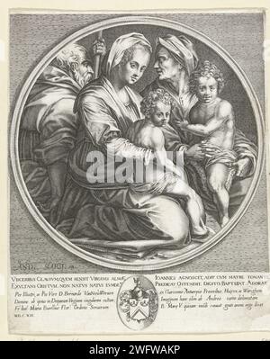 Heilige Familie mit Elisabeth und Johannes de Boper, Jacques Callot, nach Andrea del Sarto, drucken 1613 Maria mit dem Christuskind auf ihrem Schoß, neben Elisabeth mit dem Kind Johannes dem Täufer. Hinter Maria, links, Joseph mit einem Stock oder Stab in der Hand. Dieses Familienporträt ist in einem runden Rahmen auf einem quadratischen, schattierten Hintergrund festgehalten. Unter der Show eine lateinische Unterschrift und ein Familienwappen, umgeben von Blattmotiven und mit einem Helm ausgezeichnet. Florenz Papierstich Heilige Familie mit Johannes dem Täufer, Elisabeth anwesend. Waffenlager, Heraldik Stockfoto
