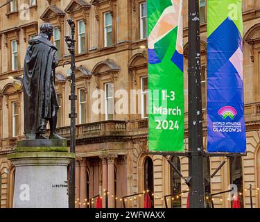 Glasgow, Schottland, Großbritannien. Februar 2024. Glasgow bereitet die erste Einführung für die Hallenathletik-Weltmeisterschaften in der Stadt vor, indem es Banner auf der Style Mile und auf dem george Square im Stadtzentrum von Credit Gerard Ferry/Alamy Live News einführt Stockfoto