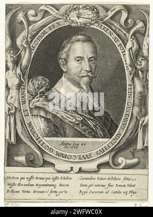 Porträt von Gustaaf II. Adolf, Crispijn van de Passe (II), in oder nach 1632 - 1670 Druck Porträt von Gustaaf II. Adolf, König von Schweden, im Alter von 37 Jahren. Am Rand des Rahmens Name und Funktion der dargestellten Person in lateinischer Sprache. Am oberen Rand des Rahmens steht das lateinische Motto. Am Rande ein sechszeiliges Lob in zwei Spalten, lateinisch. Nordholländische Papierstiche historischer Personen. king Stockfoto