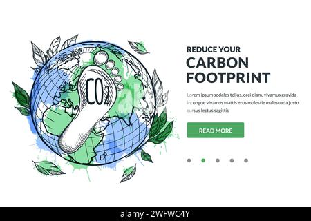 Reduzierung des CO2-Fußabdrucks, der Ökologie und des Umweltkonzepts. Erde Umwelt Tag Vektor Hand gezeichnete Skizze Illustration. Menschlicher Fuß auf blauem Aquarell pl Stock Vektor