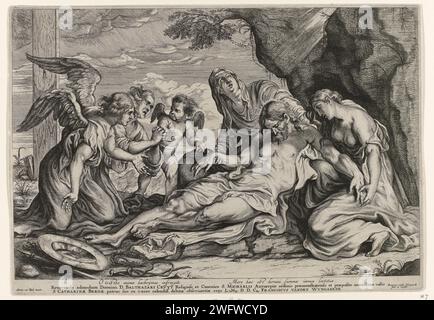 Leef of Christ, Frans van den Wijngaerde, nach Anthony Van Dyck, 1636–1679 Druck Engel trauern um den Leib Christi. Sein Körper wird von Maria und Maria Magdalena unterstützt. Links im Hintergrund ist der Fuß des Kreuzes noch sichtbar. Am Rand zwei Zeilen in lateinischer Sprache und eine Beschriftung mit einer Stelle in lateinischer Sprache. Antwerpener Papierätzung / Gravur Christi Körper unterstützt Stockfoto