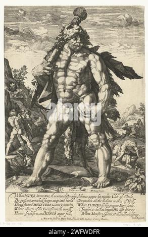 De Grote Hercules, 1600 - 1650 Druck Hercules mit Löwenhaut auf dem Rücken und großem Schläger über der rechten Schulter, außen, übermäßig muskulös, weit ausgebildet in einer Landschaft, in der sich auf seine Handlungen bezieht. Unter wird ein zehnzeiliger Text in englischer Sprache angezeigt. Druckerei: England (möglicherweise)Verlag: London Papierstich (Geschichte von) Hercules (Herakles) Stockfoto